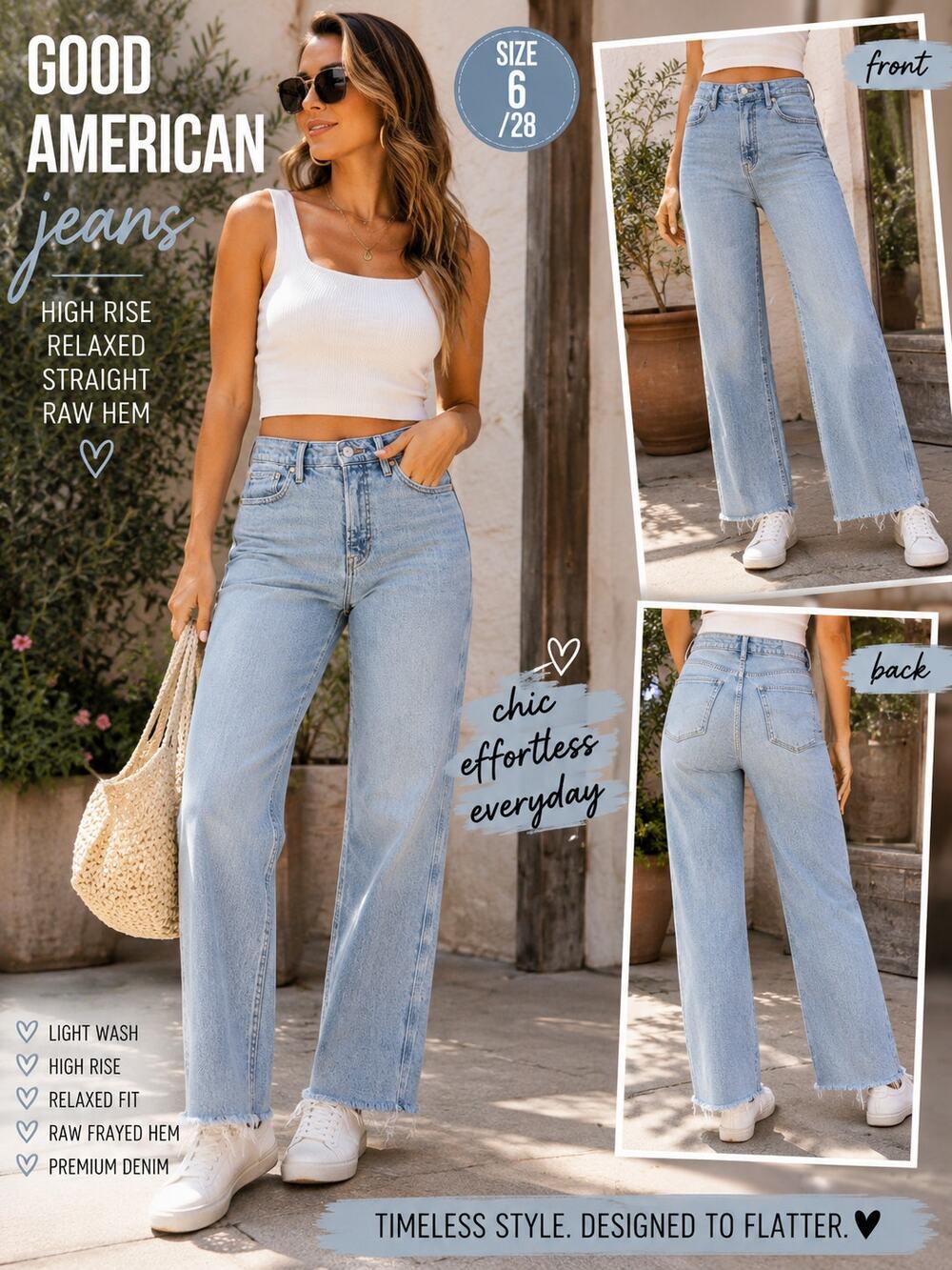 Good American 6/28 Light Wash Wide Leg Raw Hem Jeans